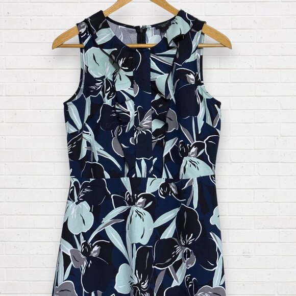 ANN TAYLOR Navy Aqua Blue Ruffle Front Bodice Sleeveless A-Line Dress 8 Petite - Picture 2 of 7